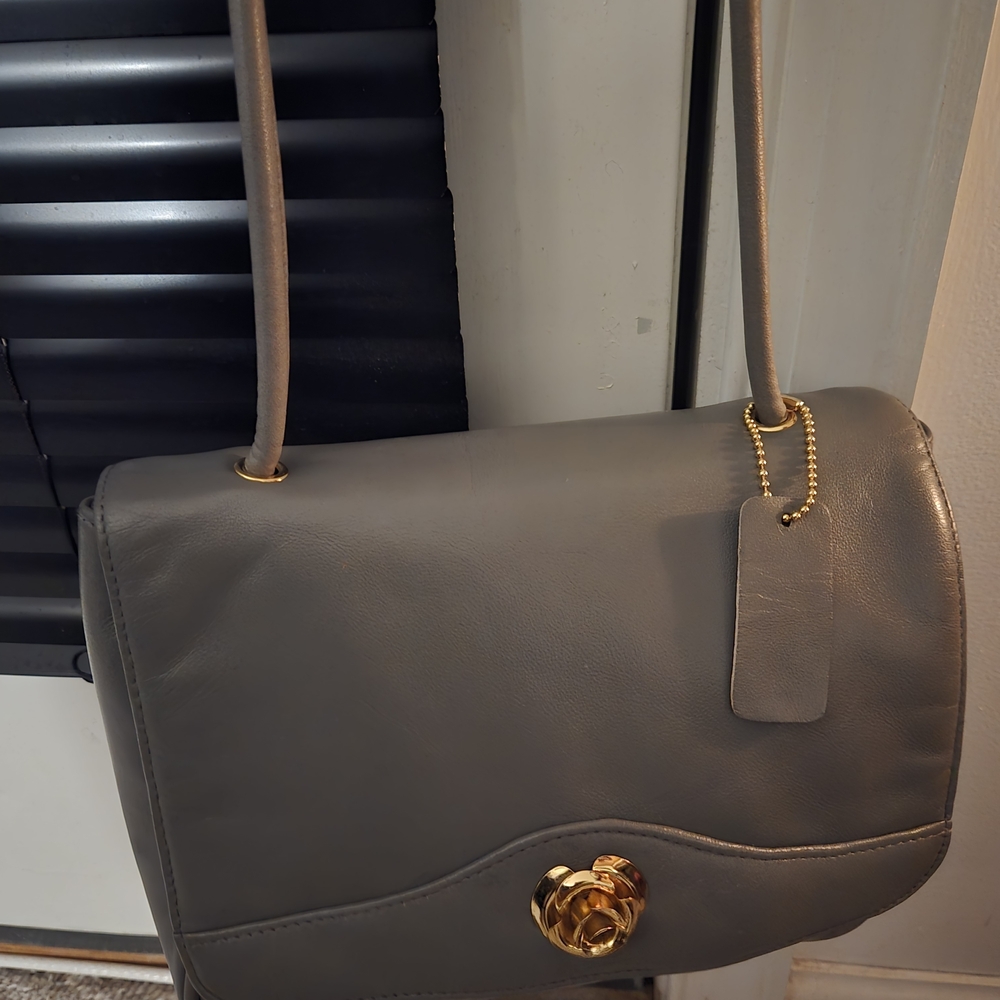 Chic Gray Leather Shoulder Bag with Gold Accent